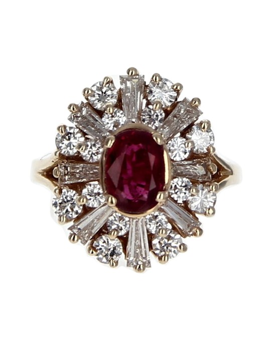 Ruby and Alternating Baguette and Diamond Ring